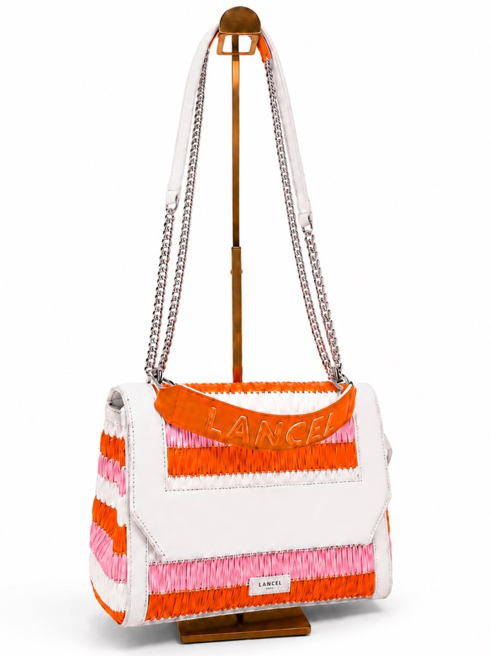 Lancel Paris • Ninon Raffia & Leather Flap Shoulder Bag Chain